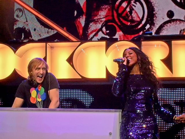 David Guetta and Rowland performing at the Orange Rockcorps in London in 2009.