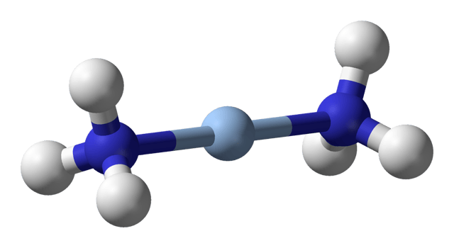 Ball-and-stick model of the diamminesilver(I) cation, [Ag(NH3)2]+