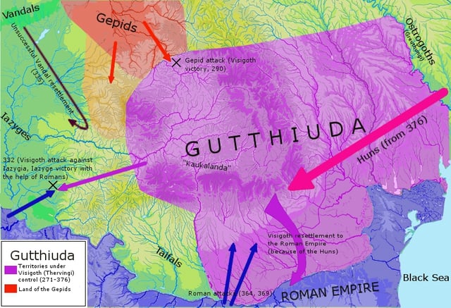 Gutthiuda, or the land of the Gothic-speaking Thervingi, and the neighboring tribes (370s AD).