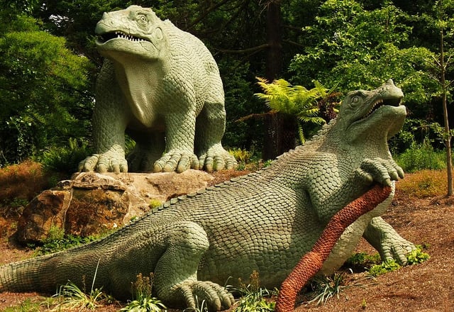 Outdated Iguanodon statues created by Benjamin Waterhouse Hawkins for the Crystal Palace Park in 1853
