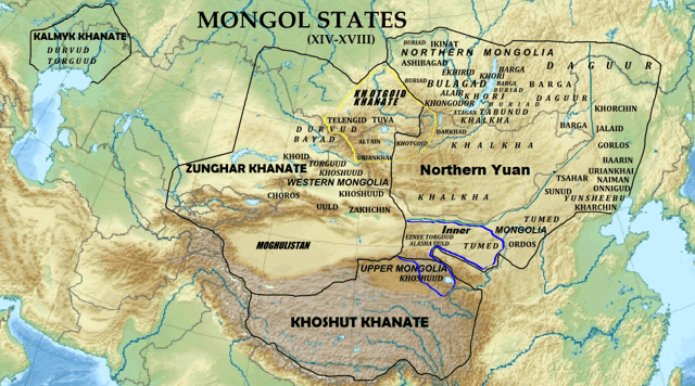 Map showing the extent of the Khoshut Khanate, 1642–1717, after the Unification of Tibet under the 5th Dalai Lama with Sonam Chöphel and Güshi Khan