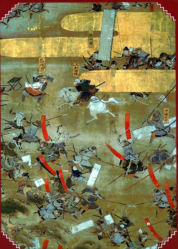 Depiction of the legendary personal conflict between Kenshin and Shingen at the fourth Battle of Kawanakajima (1561)