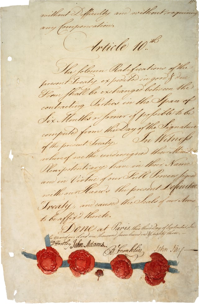 Signature page of the Treaty of Paris of 1783 that was negotiated on behalf of the United States by John Adams, Benjamin Franklin and John Jay