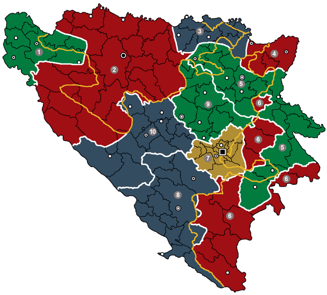 First version of the Vance-Owen plan, which would have established 10 provinces   Bosniak province   Croat province   Serb province   Sarajevo district   Present-day administrative borders