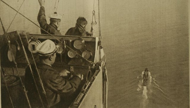 View from a French dirigible approaching a ship in 1918.
