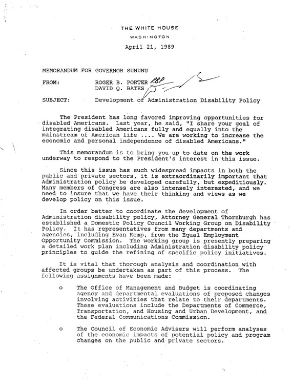 Development of George H.W. Bush Administration Disability Policy. White House Memo. April 21, 1989.