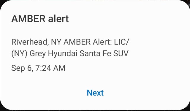 An AMBER alert as seen on Android, advising users to call 911 if they find a car with a matching description.