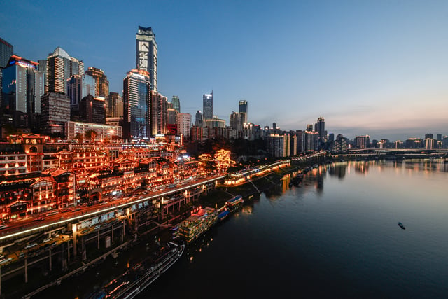 A sunset view of Chongqing Central Business District and Hongya Cave, taken in 2017