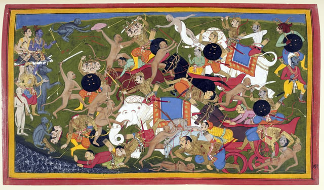 The Battle at Lanka, Ramayana by Sahibdin. It depicts the monkey army of the protagonist Rama (top left, blue figure) fighting Ravana—the demon-king of the Lanka—to save Rama's kidnapped wife, Sita. The painting depicts multiple events in the battle against the three-headed demon general Trisiras, in bottom left. Trisiras is beheaded by Hanuman, the monkey-companion of Rama.