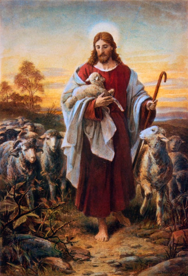 Jesus is depicted as "The Good Shepherd", with the sheep being Christians