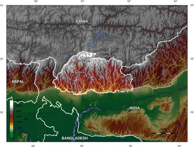 A topographic map of Bhutan.