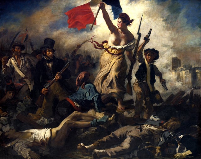 Eugène Delacroix's Liberty Leading the People (1830) portrays the July Revolution using the stylistic views of Romanticism. Since Liberty is part of the motto "Liberté, égalité, fraternité", as the French put it, this painting has become the primary symbol of the French Republic