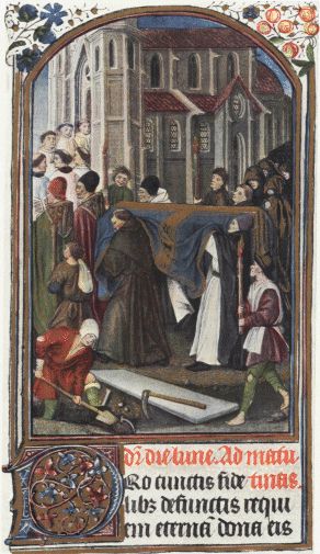 A 15th-century monastic funeral procession entering Old St. Paul's. The coffin is covered by a blue and gold pall, and the grave is being dug in the foreground.