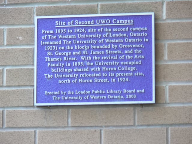 A plaque at St. George and St. James Street at the former location of Western's campus, from 1895 to 1924.