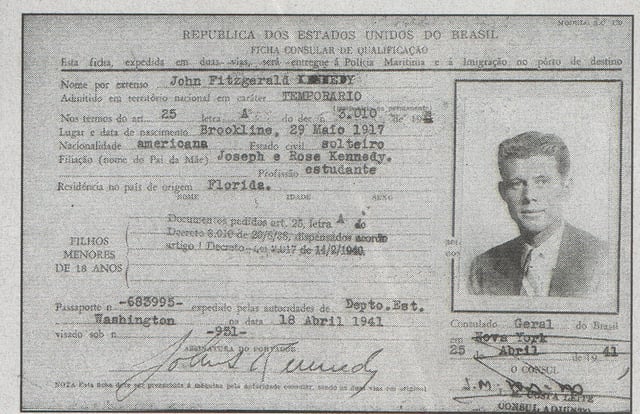 Tourist visa for John F. Kennedy to travel to Brazil, issued by the Brazilian government in 1941