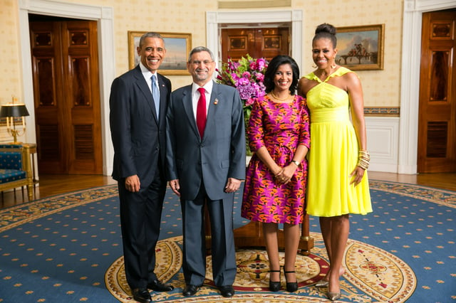 Cape Verdean President Jorge Carlos Fonseca and Ligia Fonseca meet with the US President Barack Obama and Michelle Obama in 2014.