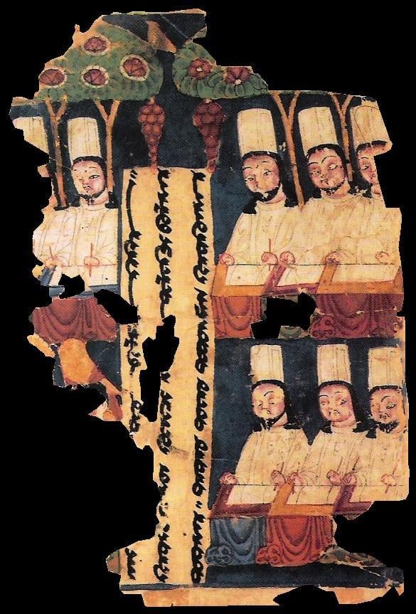Manicheanism priests writing at their desks, with panel inscription in Sogdian. Manuscript from Khocho, Tarim Basin.