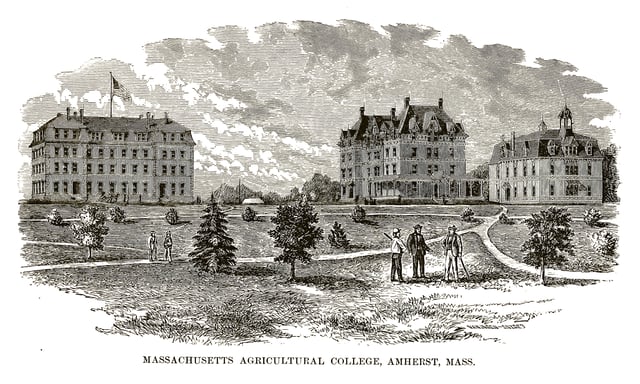 Massachusetts Agricultural College as it appeared in 1879, with students and faculty standing in front of Old South College, North College, and the college's first chapel.