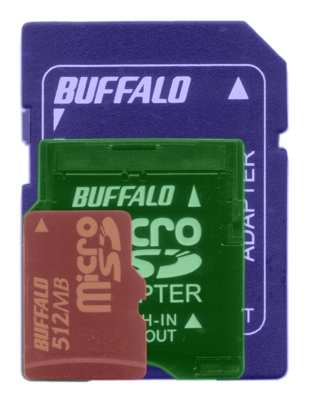 Size comparison of families: SD (blue), miniSD (green), microSD (red)