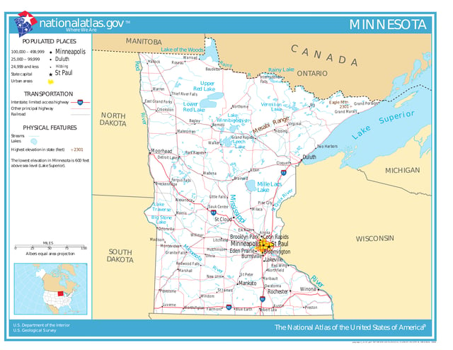 Map of Minnesota, showing roads and major bodies of water