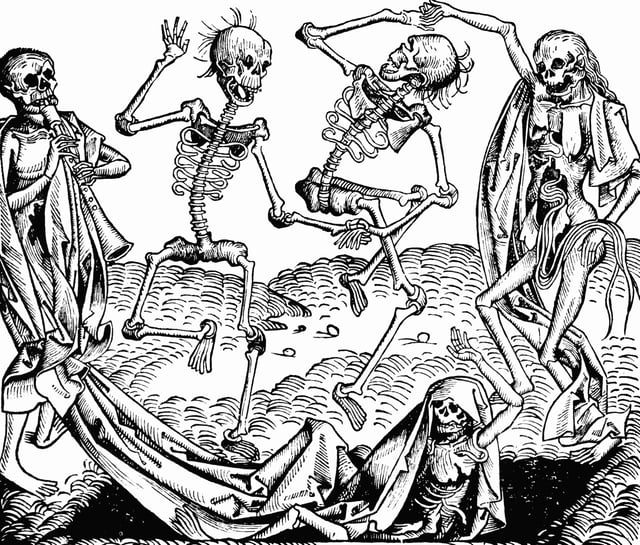 Inspired by the Black Death, The Dance of Death, or Danse Macabre, an allegory on the universality of death, was a common painting motif in the late medieval period.