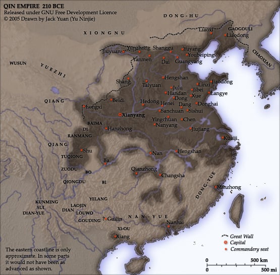 The territory of Qin dynasty, 210 BC