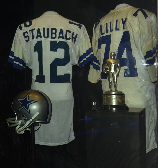 Roger Staubach and Bob Lilly jerseys shown at Pro Football Hall of Fame in Canton, Ohio.