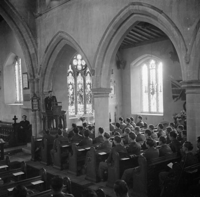 Thanksgiving Day service for members of the United States Army Air Corps, held in a church in Cransley, Northamptonshire, England, November 23, 1944
