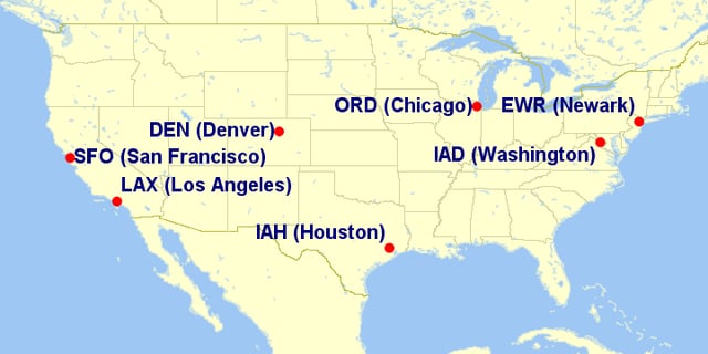 Map of United Airlines mainland hubs
