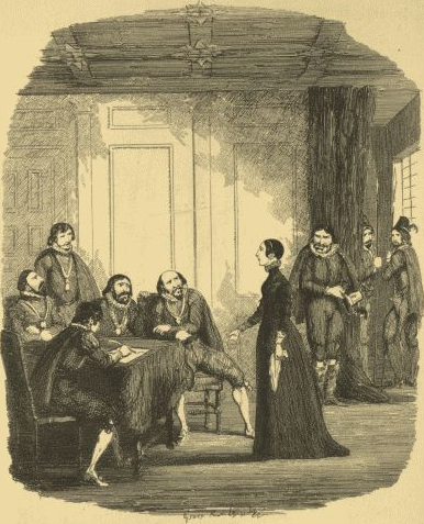 Viviana Radcliffe examined by the Earl of Salisbury and the Privy Council in the Star Chamber. Illustration by George Cruikshank from William Harrison Ainsworth's novel Guy Fawkes.