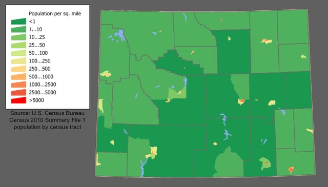 Wyoming population density map – the largest population centers are Cheyenne in the southeast and Casper in the east central section.