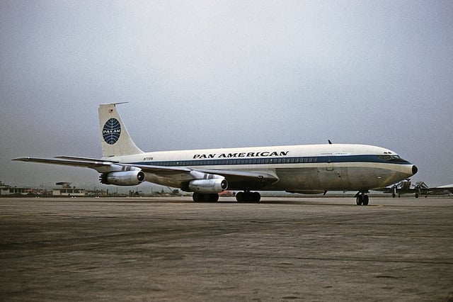 Pan Am's Jet Clipper America, a 707-121, at Paris–Le Bourget Airport after completing the first commercial flight of the 707 in October 1958