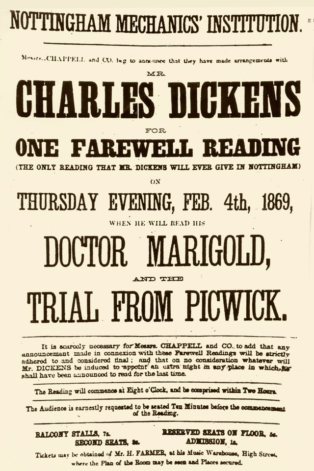 Poster promoting a reading by Dickens in Nottingham dated 4 February 1869, two months before he suffered a mild stroke