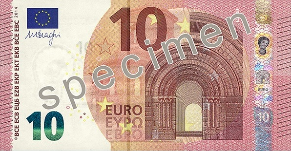 10 euro note from the new Europa series written in Latin (EURO) and Greek (ΕΥΡΩ) alphabets, but also in the Cyrillic (ЕВРО) alphabet, as a result of Bulgaria joining the European Union in 2007.