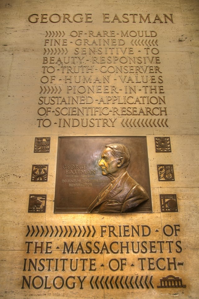 Plaque in Building 6 honoring George Eastman, founder of Eastman Kodak, who was revealed as the anonymous "Mr. Smith" who helped maintain MIT's independence