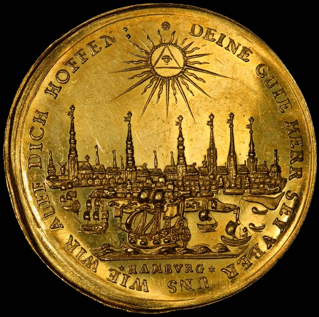 Hamburg depicted on a 1679 Half-portugalöser (5 ducats)