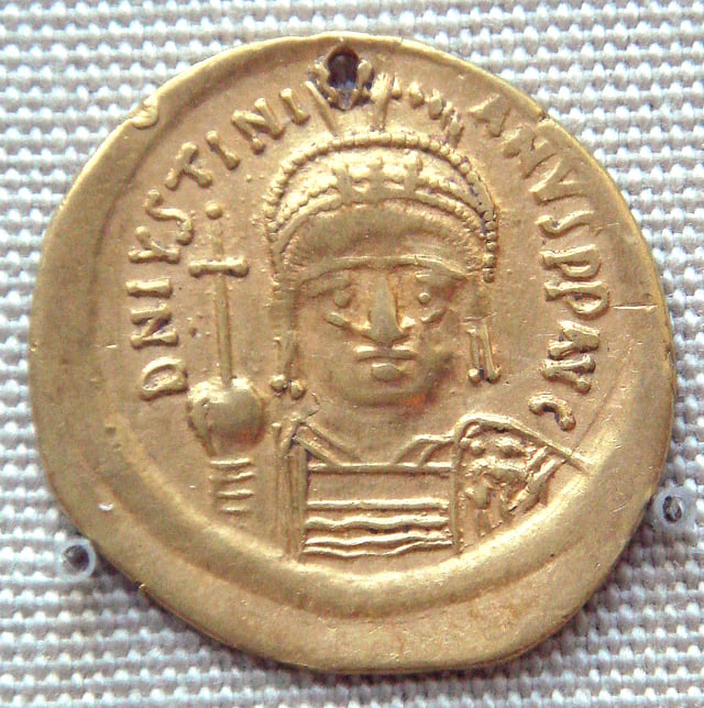 Gold coin of Justinian I (527–565) excavated in India probably in the south, an example of Indo-Roman trade during the period