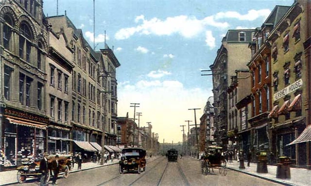 Postcard depicting Market Street in Downtown Harrisburg as it appeared in 1910. Trolley tracks are noticeable along the street.