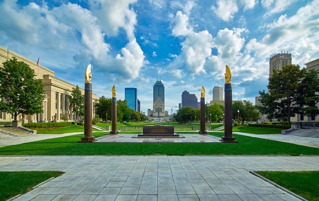 The Indiana World War Memorial Plaza Historic District includes the American Legion (left) and Scottish Rite Cathedral (right).