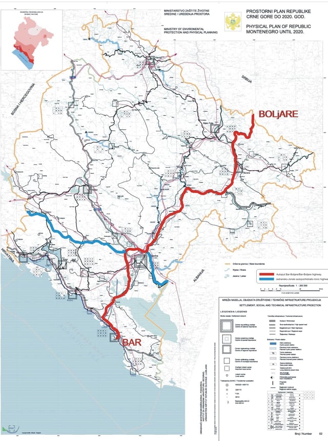 Roads of Montenegro in service and two planned: red – Bar–Boljare highway, blue – Adriatic–Ionian motorway