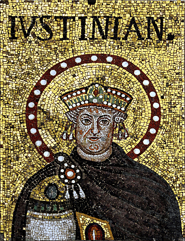 An older Justinian; mosaic in Basilica of Sant'Apollinare Nuovo, Ravenna (possibly a modified portrait of Theodoric)
