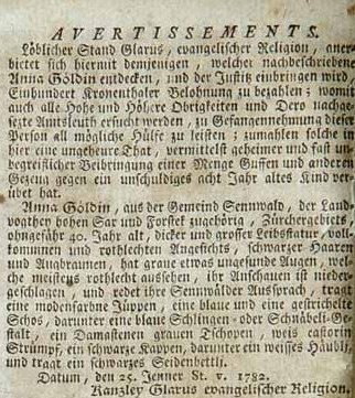 Research notice published for Anna Göldin accused of witchcraft in the Zürcher Zeitung on 25 January 1782.