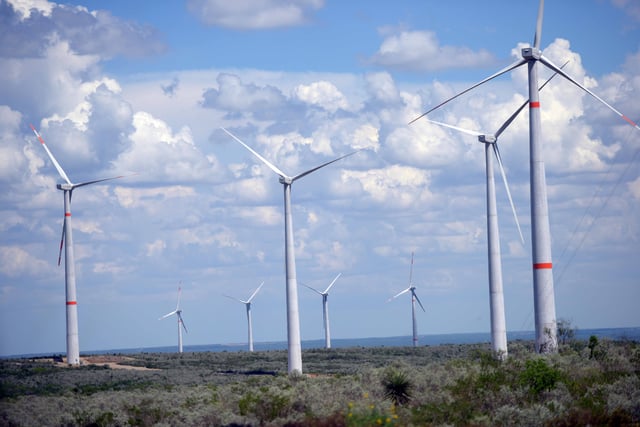 Wind turbines at the Parques Eólicos Ventika located in General Bravo. The wind-power complex has the capacity to produce 252 megawatts per hour and can meet the electricity demand of some 630,000 homes.