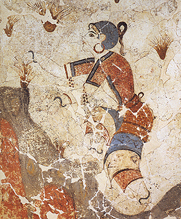 The "saffron-gatherer" fresco, from the Minoan site of Akrotiri on Santorini