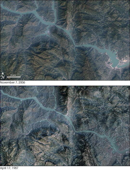 Satellite map showing the lake created by the Three Gorges Dam. Compare Nov. 7, 2006 (above) with April 17, 1987 (below)