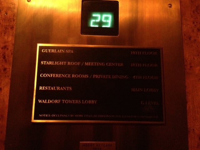 A typical elevator indicator located in the Waldorf Astoria New York. This elevator was made by Otis.