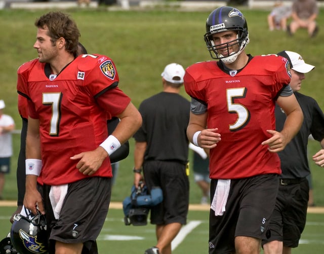 Joe Flacco (right) and Kyle Boller during 2008 Training Camp.