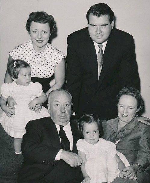 Pat Hitchcock with her daughter Terry and husband Joseph O'Connell, Alma Reville, Mary Alma O'Connell, Alfred Hitchcock (clockwise from top left), c. 1955–1956