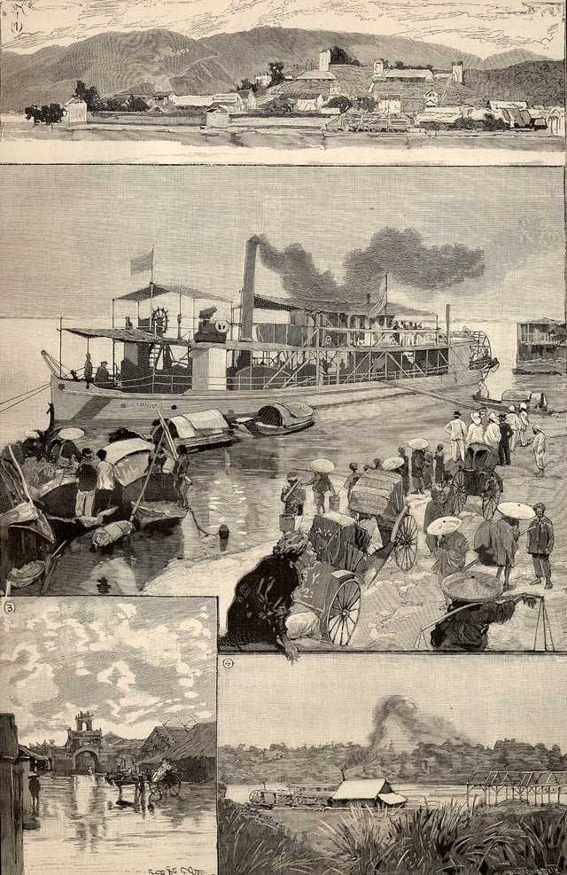 French colonies in 1891 (from Le Monde illustré) 1. Panorama of Lac-Kaï, French outpost in China. 2. Yun-nan, in the quay of Hanoi. 3. Flooded street of Hanoi. 4. Landing stage of Hanoi