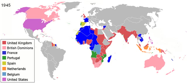 World map of colonization at the end of the Second World War in 1945